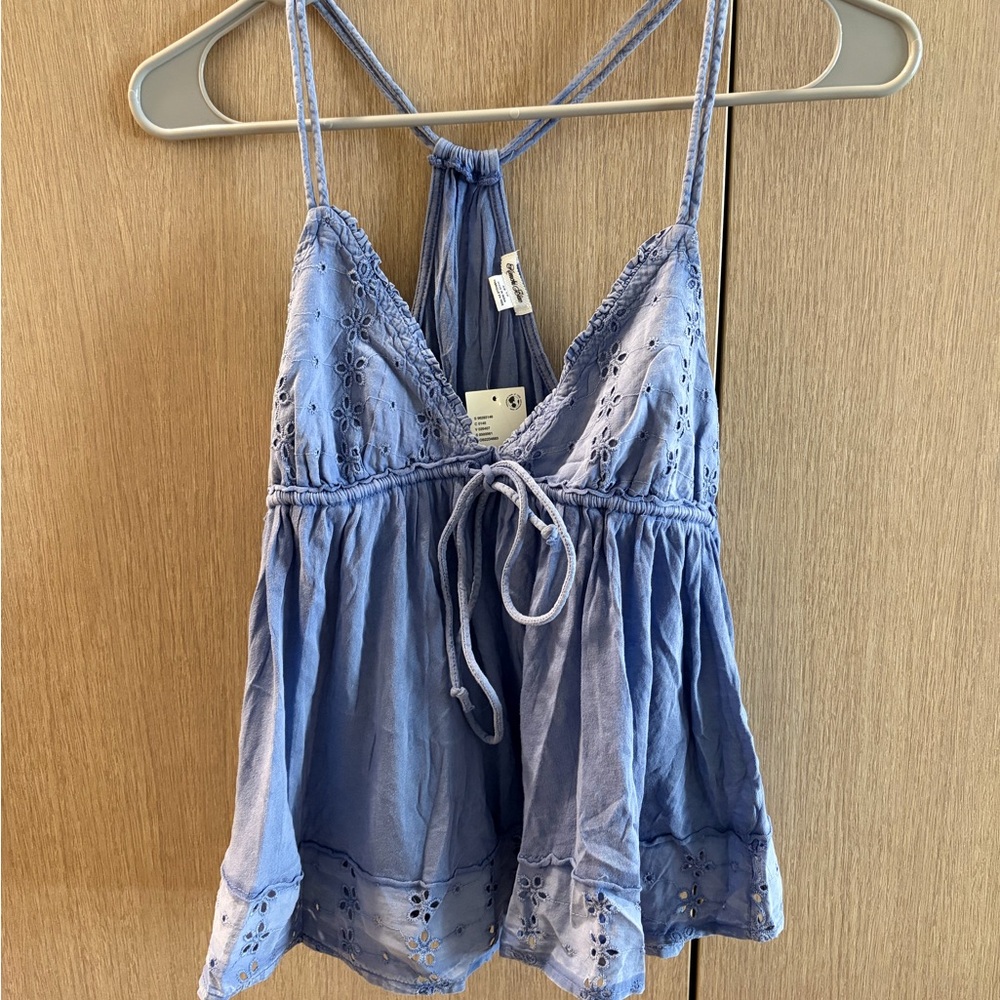 Kimchi Blue Light Blue Eyelet Tie-Front Spaghetti Strap Tank